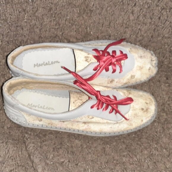 MARIA LEON-SPAIN-Gray/White/Red/Floral Leather Lace-Up Sneakers-Sz 37-Near Mint - Picture 6 of 7